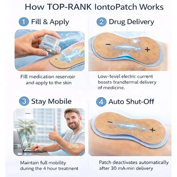 How TOP-RANK self-powered iontophoresis patch works: 4-step guide showing fill, apply, galvanic drug delivery, and auto shut-off.